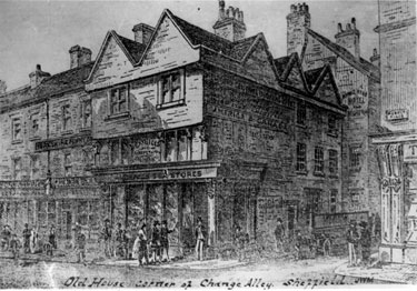Change Alley from High Street, 1800-1850, Yorkshire Penny Bank on left, timber framed house was once a substantial town house' King's Head Hotel in background