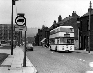 Sheffield Transport bus No. 95 on Duke Street looking towards City Centre, Park Hill Flats on left