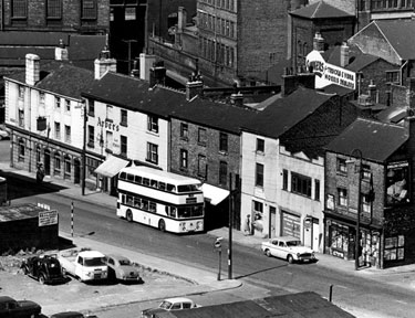 Elevated view of Nos. 1-19, Duke Street, including Nos.1 - 3, Ye Olde English Samson public house, No 7, S. Arber, confectioner, No. 15, T. Sharratt, cellulose finisher, No. 19, Miss M. Willoughby, shopkeeper