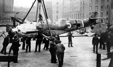 German Messerschmitt 109 plane brought down at Margate, September, 1940, shown on Albert Hall site, Barkers Pool, in aid of the Sheffield Newspapers War Fund
