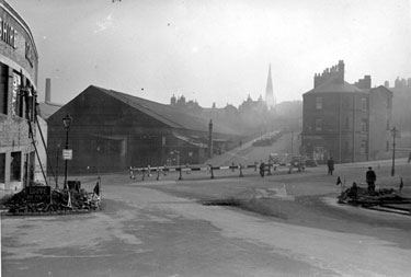 Townhead Street (right), Broad Lane (foreground) and Tenter Street (left) roundabout looking towards Hawley Street, Sheffield Corporation, Tramway and Omnibus Depot, Tenter Street, on left
