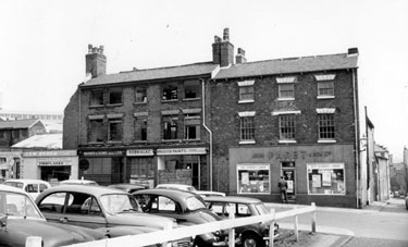 Eyre Street at junction of Charles Lane, No 45, John Paget and Son Ltd., premises on left are derelict, prior to demolition