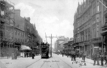 Fargate including Tram No. 119, No 44, Green Dragon Hotel, left (later became Winchester House), Y.M.C.A., Carmel House, right