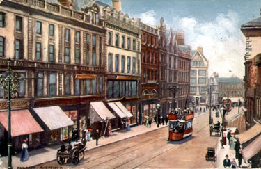 Fargate looking towards premises including No. 34 Richard Field and Son Ltd., tea merchants and Fields Continental Cafe, Nos. 16-30 Robert Proctor and Son, drapers 	