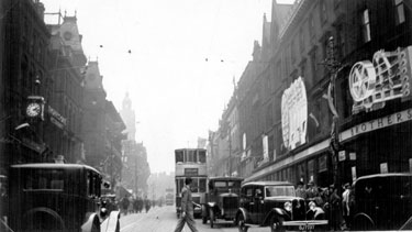 Fargate, flags and bunting for Sheffield Week, Cole Brothers, department store, right