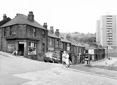 Nos. 111 - 113 J. Beer, greengrocers, Fawcett Street at the junction of St. Stephen's Road looking down to No. 133 E. Gowe, grocers on the corner of Bromley Street and Netherthorpe Flats