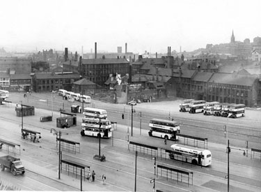 Pond Street Bus Station looking towards Pond Hill including Lyceum public house, Sheffield United Tours, Joseph Rodger's Cutlery Works F.J.Brindley and Sons, Ponds Forge and Park district