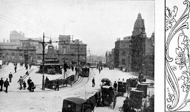 Fitzalan Square, 1895-1915, Cab Stand, foreground, Market Street, left, Fitzalan Market Hall, High Street and Omnibus Waiting Rooms, centre