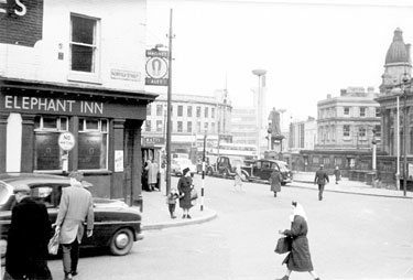 Fitzalan Square from Norfolk Street, 1965-1970, Nos. 2/4 Norfolk Street, Elephant Inn, Yorkshire Bank and Barclays Bank in distance