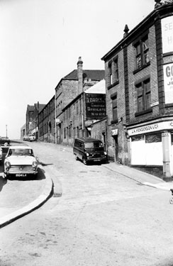 No. 147 J. A. Henderson and Co. (Cartons) Ltd., Gibraltar Street looking up Furnace Hill showing the former A. Isaacs and Son, cabinet and upholstery works with the Hope Works (former F.G. Pearson and Co., edge tool manufacurers)at the top of the hi