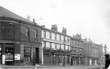 Furnival Road, 1915-1925, from Exchange Street, No. 1 Furnival Road, Clement Schofield Kilham, tobacconist; Nos. 3 - 5 Michael Law, refreshment rooms; Nos. 7 - 9 Wilks Bros and Co., ironmongers and Nos. 11 - 13 Alexandra Hotel