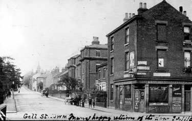 Gell Street from Broomspring Lane, 1895-1915, No 66, Broomspring Lane, No 66, George Curtis, Grocer and Beer Retailer, Servants Home and Housewifery School, large building on right, in background