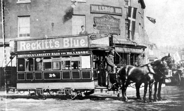 Horse drawn open top double-deck tram No. 24 at Holme Lane, Hillsborough Corner with the Hillsborough Inn (licensee Henry Wilkinson) behind