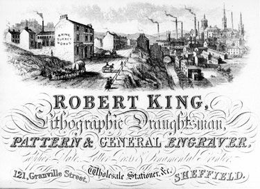 Advertisement for Robert King, engraver, Surrey Works, No. 121 Granville Street, River Sheaf and site of Sheffield Midland railway station, right