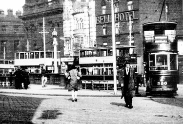 Electric tram No. 350 in Fitzalan Square, Barclays Bank, News Theatre and Bell Hotel in background