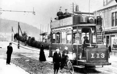 Tram No. 113 on Chesterfield Road Tram Terminus, No. 302 George Barker, confectioner, in background