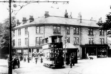Looking towards junction of Nether Edge Road (left) and Machon Bank Road (right) from Machon Bank, Tram No. 132, in service 1901-1926, top covered 1904. Nether Edge Market in background