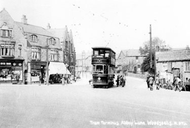 Tram No. 191 at Chesterfield Road and Abbey Lane junction, No. 948 Chesterfield Road, John Codd, wheelwright, right