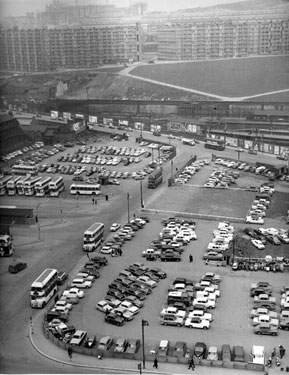 View across the car parks in Pond Street towards Park Hill