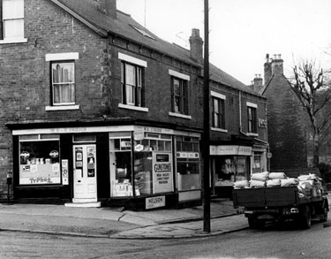 Hangingwater Road at junction with Armthorpe Road, No. 102 W.H.E. Pagdin, grocers, No. 100 Jn. Dalton, fried fish dealer, No. 98 Wm. Marsden and Son Ltd., butchers