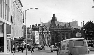High Street looking towards Fitzalan Square and Commercial Street (including Gas Company Offices), premises include Barclays Bank, Classic Cinema and Bell Hotel, C and A Modes Ltd., Nos. 59 - 65 High Street