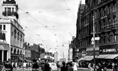 High Street from Coles Corner, Foster's Buildings, right, including Nos.10 - 14, H. Samuel Ltd., Nos. 14 - 16 Henry Dodgson, costumiers, Telegraph and Star Offices, Kemsley House, left