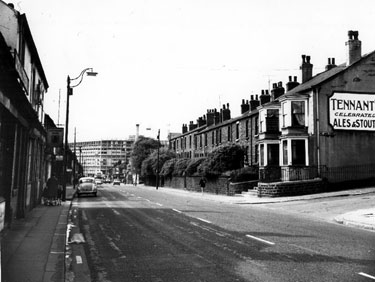 Lyceum Hotel No. 153 and No. 164, Cuthbert Bank public house and other properties, Langsett Road from the junction with King James Street looking towards Kelvin Flats, 1969-72