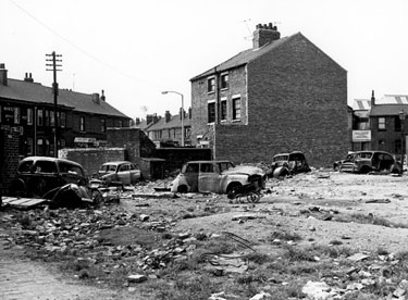 Dumping' ground, rear of Truro Tavern (fronting junction of Leadmill Road and St. Mary's Road), Royal Standard public house, No. 156 St. Mary's Road, in background