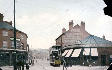 Streetscene looking down Middlewood Road, showing Wood's, builders and ironmongers, and W. Bush, wholesale provision merchant, Nos. 198 - 200, Bradfield Road and the Hillsborough Inn, 2 Holme Lane, 1895-1915