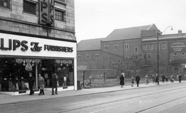 The Moor, Nos. 37 - 41 Phillips Furnishing Stores Ltd., house furnishers, building in background was Central Picture House, then occupied by Tuckwood's Stores Ltd. and John Atkinson, Central Store