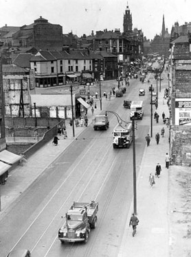 The Moor, looking towards Button Lane, Moorhead and Pinstone Street showing the effects of the Blitz, rear of Hippodrome Theatre on Cambridge Street, in background
