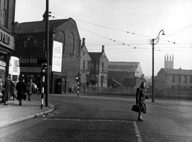 Junction of London Road and The Moor from Ecclesall Road, looking towards site of Brunswick Wesleyan Chapel, No 215/221, Sheffield Bedding Centre (John Atkinson) and Sheffield Radiography Centre, former Brunswick Vestry, Ellin Street, in back