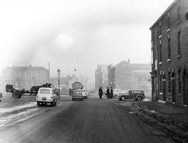 Moore Street at junction with Clarence Street, St. Silas' School, Headford Street, in background, left