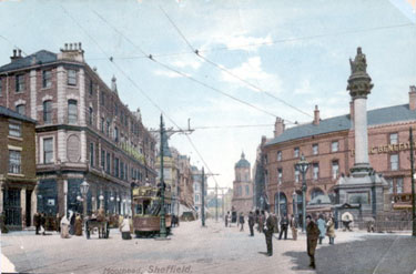 Moorhead, looking towards Pinstone Street, including Nelson Hotel and Crimean Monument, right, T. and J. Roberts Ltd., general drapers, left (later became Roberts Brothers)
