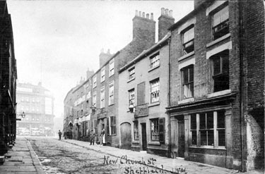 New Church Street, looking towards Pinstone Street, now site of Town Hall, No 7, Cutlers' Arms public house, No 9, Old Green Man, No 11, Henry Bocking, Beer Retailer