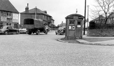 Norton Lees Lane, at junction with Derbyshire Lane, prior to removal of police box and (left) Nos. 9 - 11 Frank Clover and Sons Ltd., builders