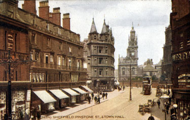 Pinstone Street looking towards Town Hall, premises on left include No. 78 and 80, Leonard Beswick, printer (extreme left) and Nos 60 and 62, Stewart and Stewart, tailors and Sheffield Cafe Co., Wentworth Cafe (turreted building)