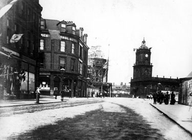 Pinstone Street looking towards St. Paul's Church during the construction of Stewart and Stewart, tailors and Wentworth Cafe, 1892-1894, No 84 and 86, Athol Hotel, left