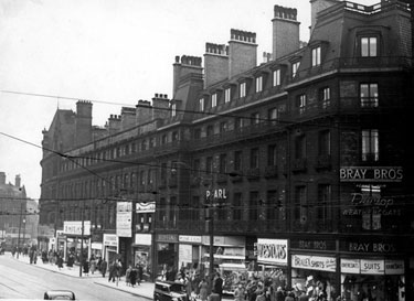 Pinstone Street including Palatine Buildings in foreground (includes No. 18 Bray Bros., hosiers, No. 20 Westons, costumiers)
