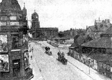 Pinstone Street, showing Sanger's circus on right, St. Paul's Church, in background