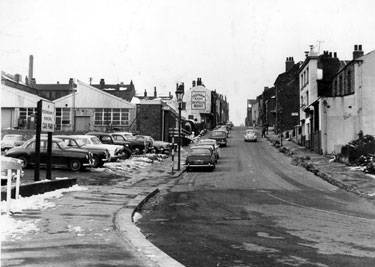 Rockingham Street looking towards Wellington Street and former Rockingham Arms, No. 213 Christadelphians' Meeting House and No. 215 Chandos public house, right, No. 210 W.H. Tyas and Son Ltd., motor radiator repairers