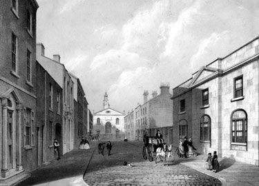 St. James' Street from St. James' Row, 1820-1850, looking towards St. James' Church, premises include No. 1 Stamp Office and J. and W. Brown, solicitors, left, No. 2 the vicarage of Cathedral SS Peter and Paul, right