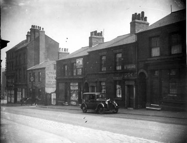 St. Philip's Road looking towards Netherthorpe Place showing James Oldham, household furnisher Leadhill's Corner, No. 228, St. Philips Tavern