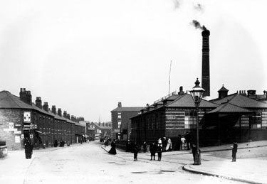 Sharrow Vale Road showing the Sharrow Vale Sanitary Steam Laundry (proprietors Thomas Watson and Co.) at junction of Cowlishaw Road