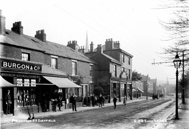 Fulwood Road, Ranmoor, shops including No 392, Burgon and Co., No 390, George Memmott, Fish and Game Dealer, (picture is labelled wrong as Ranmoor Road)