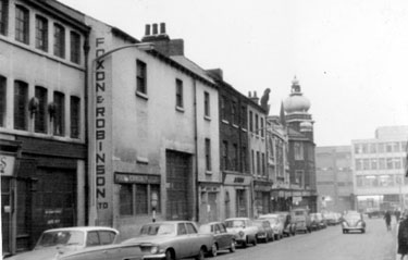 Union Street looking towards junction with Furnival Street. Premises (left) include Foxon and Robinson Ltd., packing case manufacturers, P.W. Lacey Ltd, footwear and outfitters, former Newton Chambers, Tudor House, formerly Newton House in background