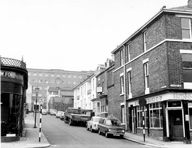 Victoria Street at junction with Glossop Road, looking towards Jessop Hospital. No 286, Britannic Assurance Co. Ltd., right (former Victoria Market buildings)