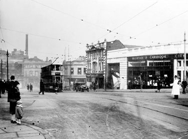Waingate, junction with Exchange Street, Haymarket and Castle Street, 1925-1939. Brightside and Carbrook Co-operative Society, City Stores, right, Exchange Brewery in distance