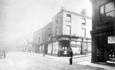 Nos. 61, Abraham Dean, tailor (right), 59, former Lawson's Cafe etc., West Bar and the junction with  North Church Street