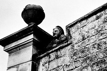 Derwent Hall, Carved effigy of Peeping Tom, carved on the stable wall. Demolished 1940's for construction of Ladybower Reservoir 	